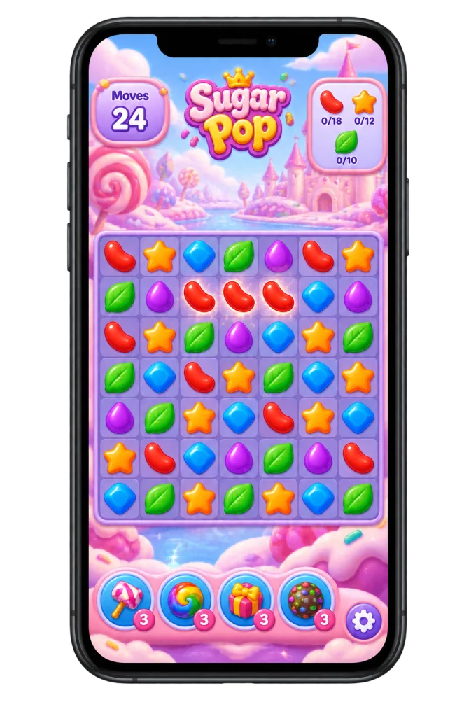 Phone showing a fictional colorful match-3 game