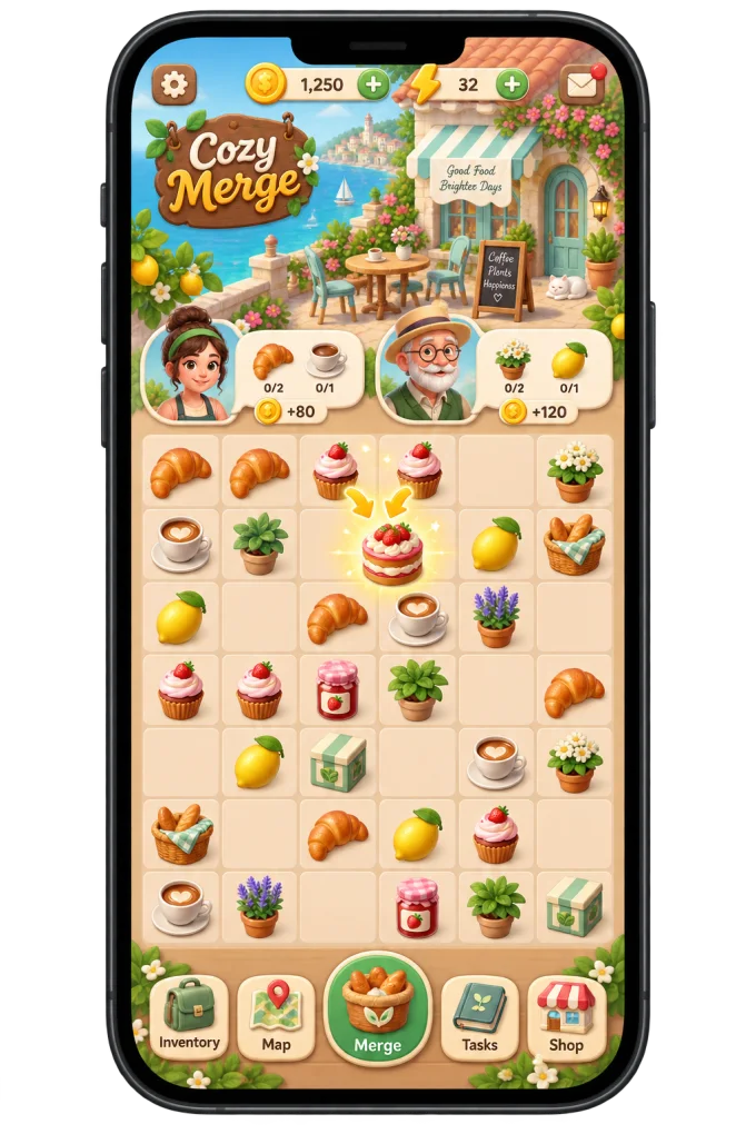 Phone showing a fictional cozy bakery merge game