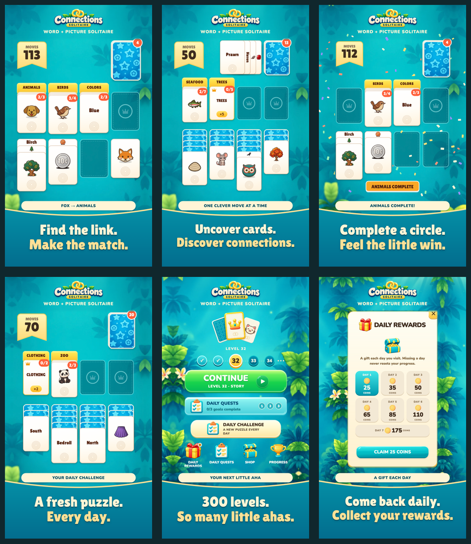Connections Solitaire: six original game panels showing word and picture matches, uncovering cards, completed categories, daily challenges, 300 levels, and daily rewards.